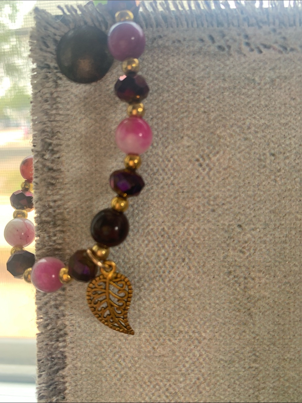 Beautiful Pink, Purple & Green Beaded Bracelet with Gold Leaf Charm - Picture 2 of 5